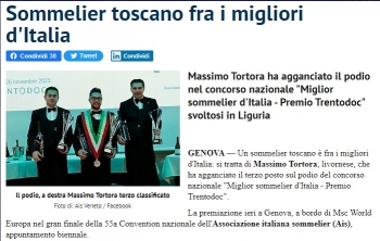 Massimo Tortora ha agganciato il podio nel concorso nazionale "Miglior sommelier d'Italia - Premio Trentodoc" svoltosi in Liguria